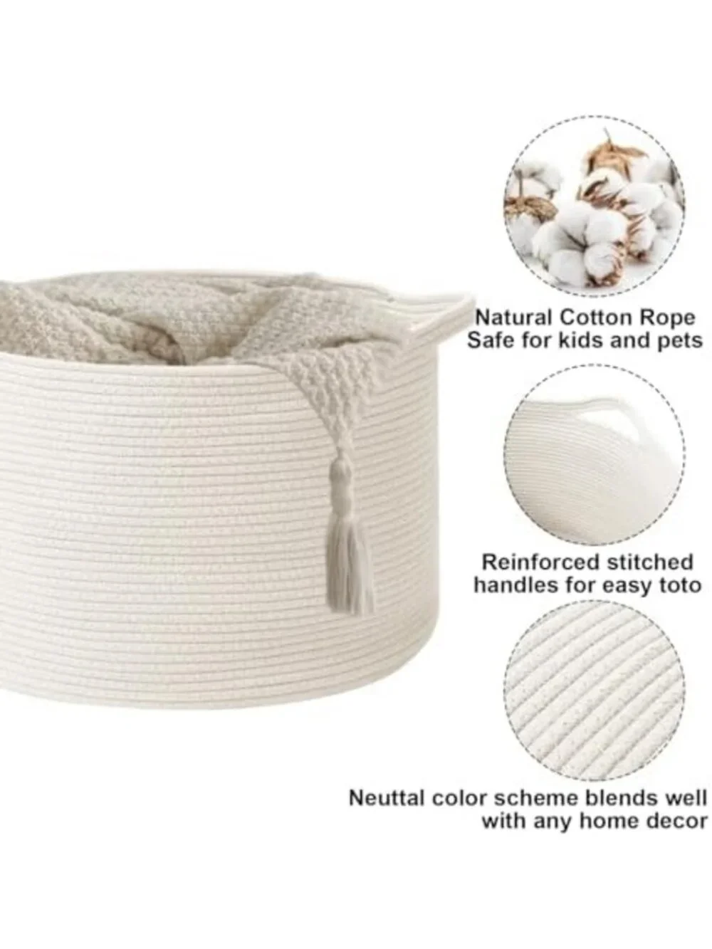 Extra Large Woven Cotton Rope Blanket Basket - Stylish White Storage Solution